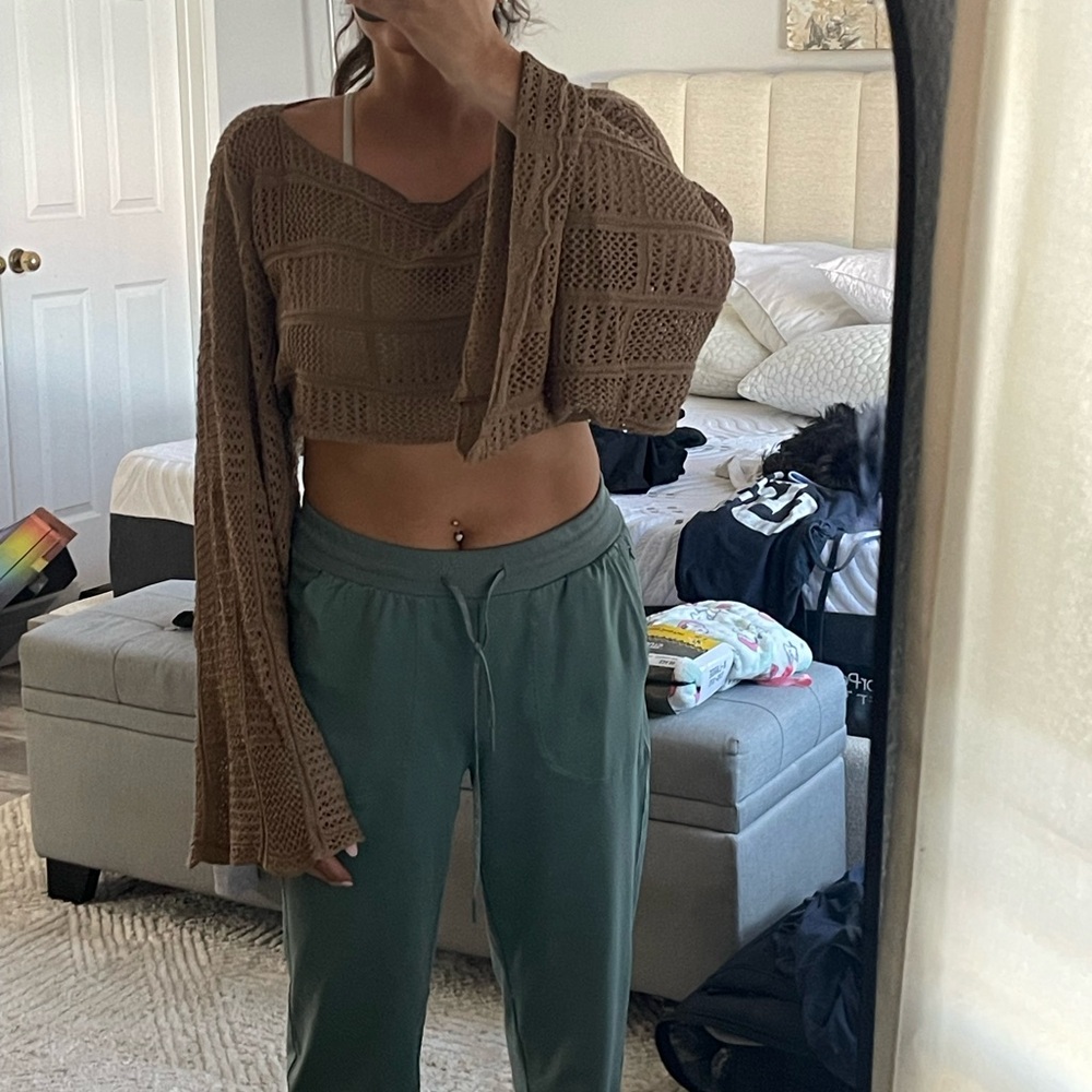 Stylish festival Brown Crochet Bell Sleeve Crop Top handmade